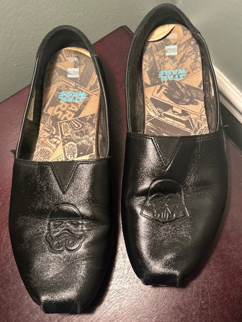 TOMS Star Wars Black Leather Darth Vader Storm Trooper Emboss Unisex Flats Sz 12